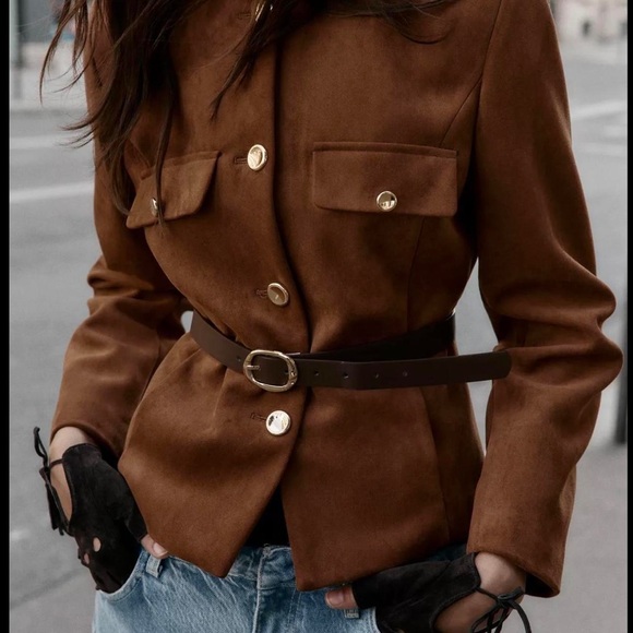 NWT Zara Woman Faux Suede Belted Jacket Balzer Size L Large - Picture 5 of 12